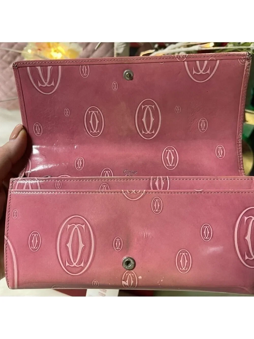 CARTIER MUST DE CARTIER HAPPY BIRTHDAY PINK PATENT LEATHER WALLET AUTHENTIC